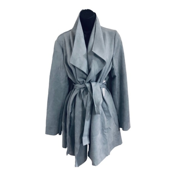 Haute monde Blue faux suede oversized shawl collar belted trench coat size Large - Picture 5 of 16
